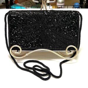 VINTAGE UK BLACK BEADED EVENING BAG WITH STRAP EUC